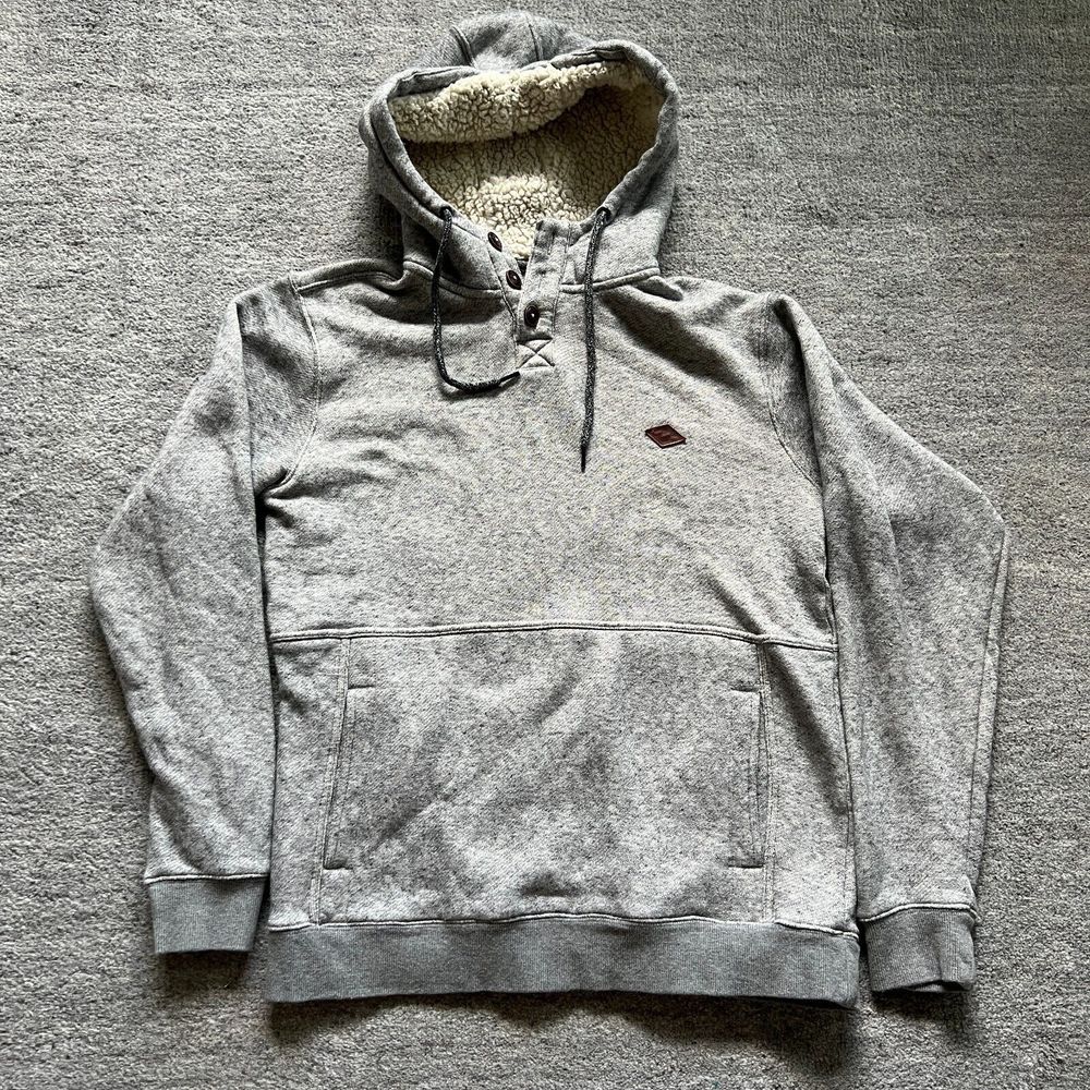 Billabong Mens Sherpa Lined Button Pull Over Hoodie Heather Grey Sweatshirt XL